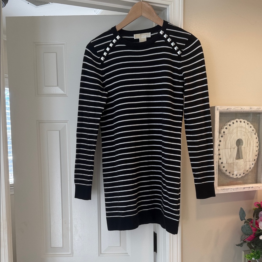 MICHAEL Michael Kors Striped Black and White Long Sleeve Sweater Dress